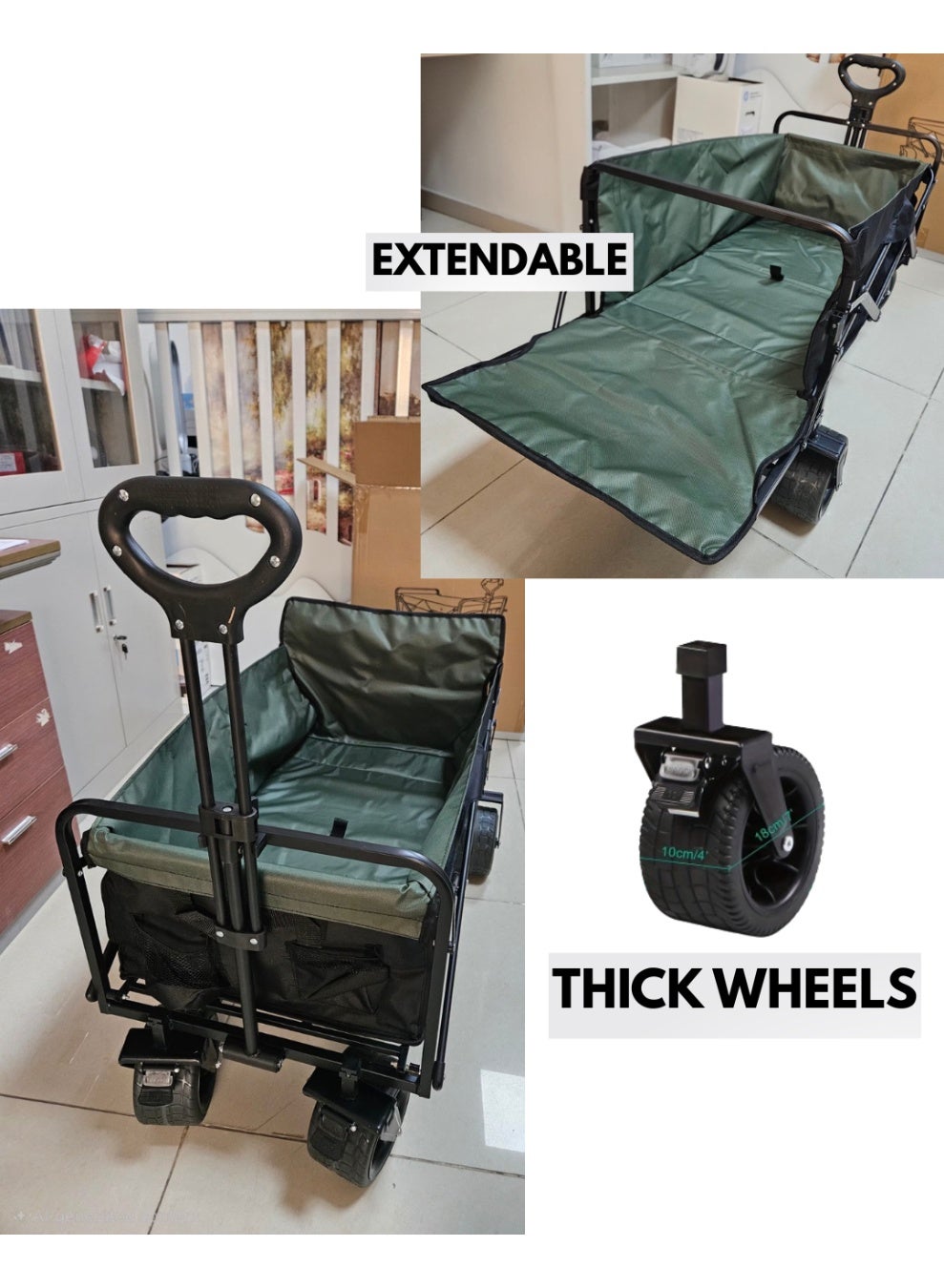 Extendable Folding Trolley Wagon Cart with 360° All-Terrain Big Wheels – Heavy-Duty Portable Utility Cart (Up to 190kg) for Beach, Camping, Shopping & Outdoor Use – Black & Green